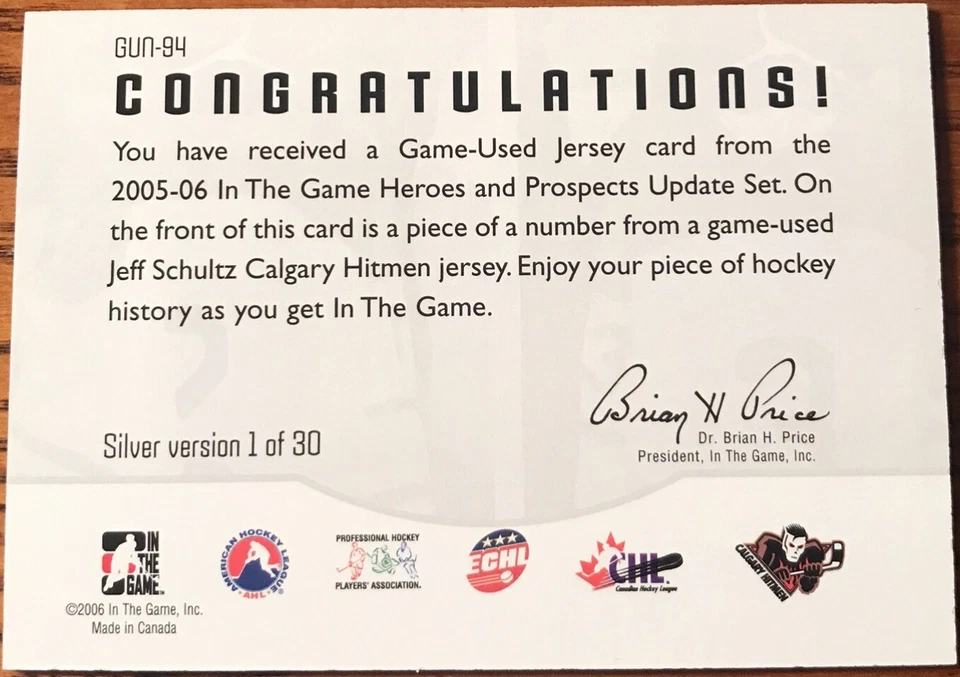 2005-06 ITG Heroes & Prospects NUMBERS Jerseys Jeff Schultz #GUN-94 #’d /30 - Image 2 of 2