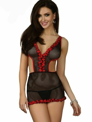 Beauty Night Amy sexy Netz Satin Negligee & Tanga Gr. L/XL (12-14) rot/schwarz