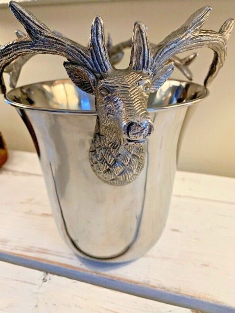 Pottery Barn Large Silver Stag Deer Ice Bucket Reindeer Wine
