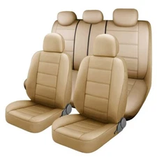 Luxurious PU Leather Car Seat Covers, Full Set Front & Rear in Tan Beige Cushion