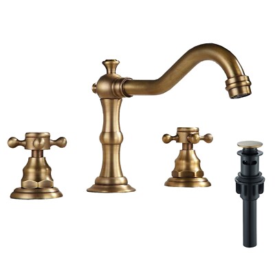 Antique Brass Bathroom Sink Faucet 3 Holes Widespread Vanity Basin Mixer w/Drain