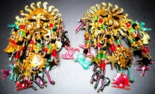 LUNCH AT THE RITZ 1989 Huge Crystal Enamel Golden Sun Zodiac Clip Earrings