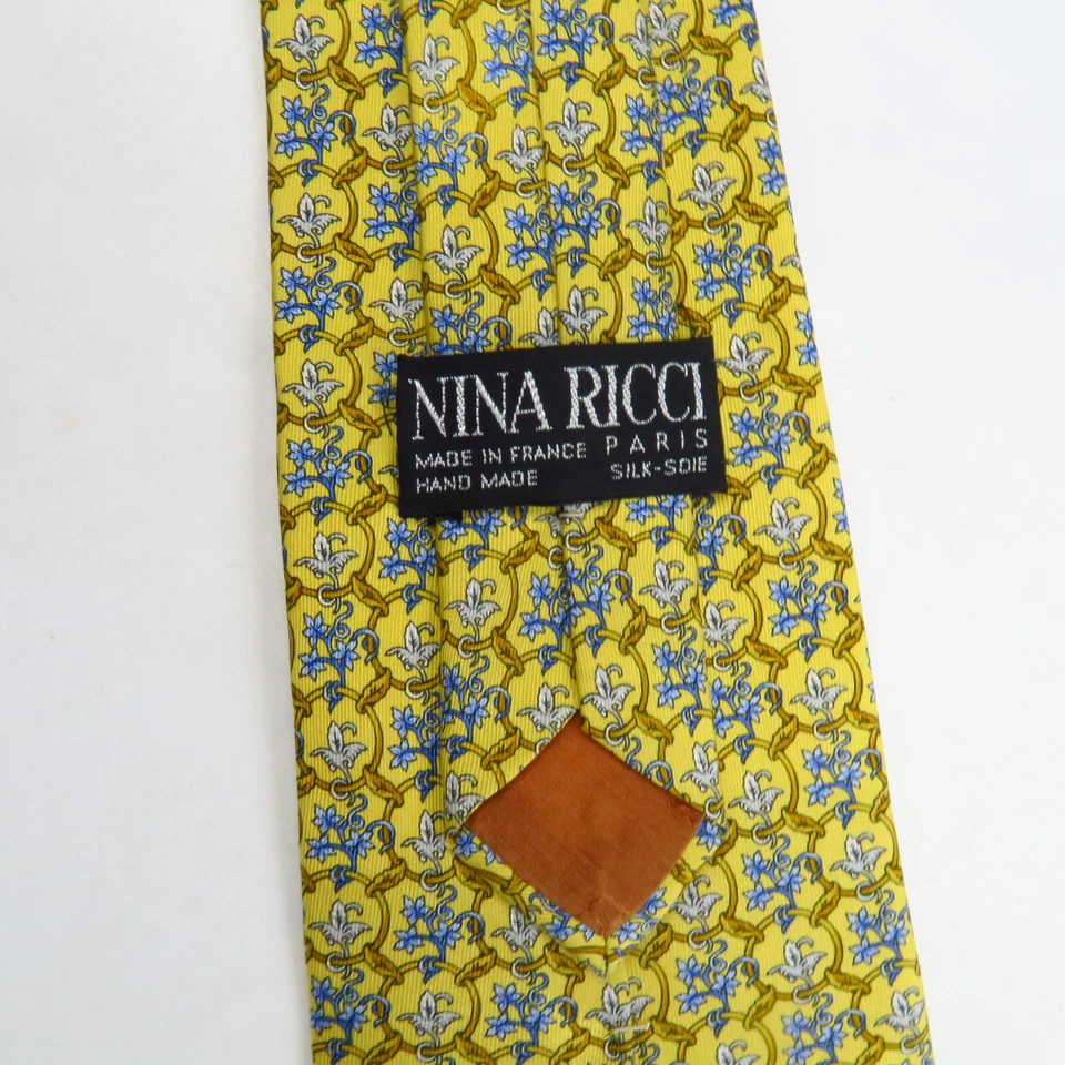 Corbata de cuello vintage Nina Ricci amarilla floral dorada para hombre 57x4 hecha en Francia Foto 3 de 4