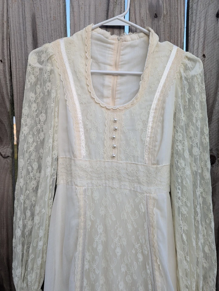Vtg Women's 70s Ivory Gunne Sax Prairie Maxi Dress 1970s Lace Wedding Dress Sz 7 - Image 2 of 4