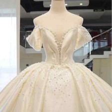 Elegant Satin Vintage Ball Gown Wedding Dress Off The Shoulder Pearl Zipper Back