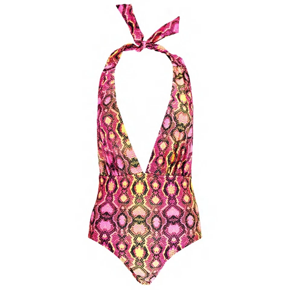 Traje de baño Boohoo rosa amarillo neón estampado de serpiente Marruecos inmersión profunda de una pieza talla 12 Foto 3 de 4