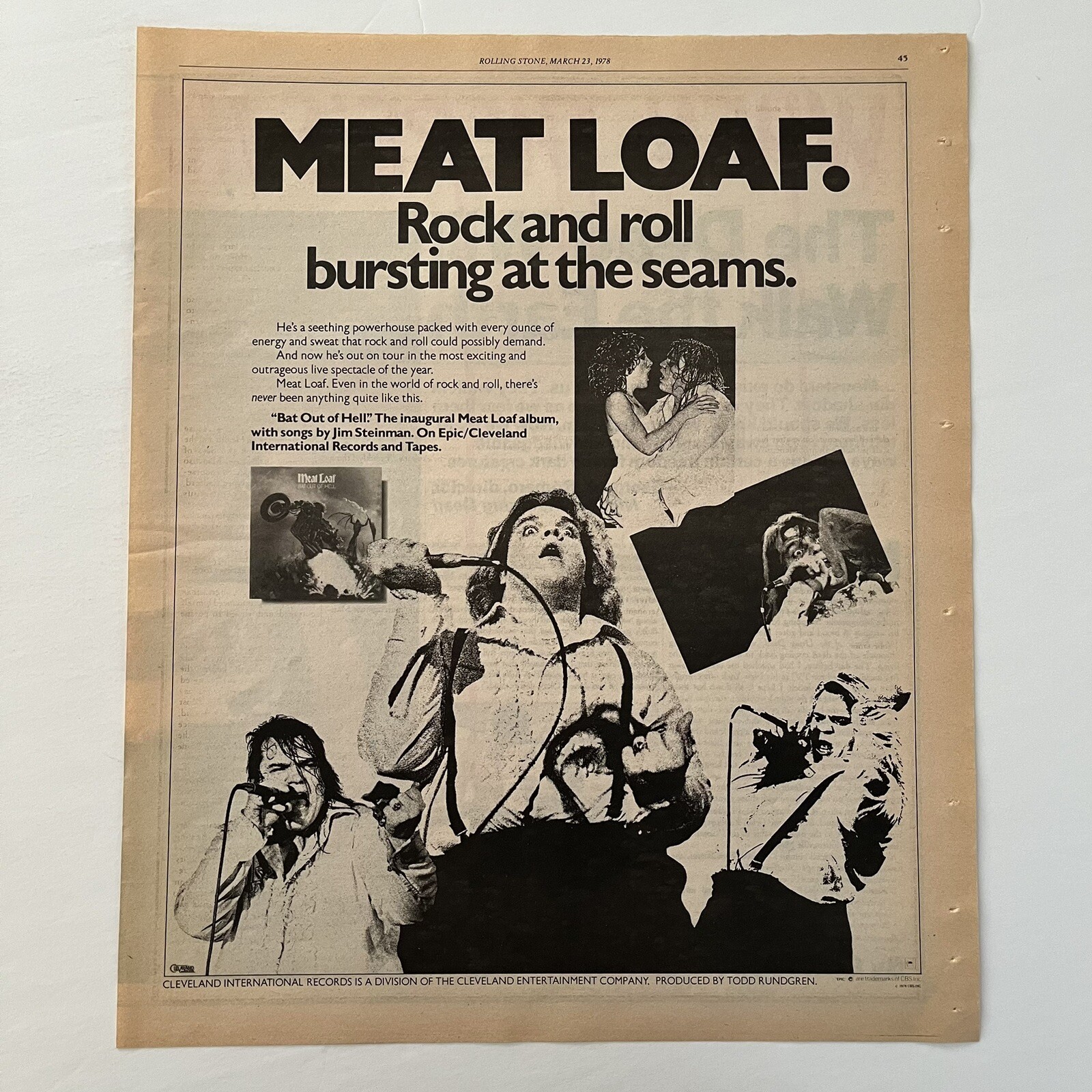 Meatloaf Sign Meat Loaf Bat Out of Hell 1978 Orig Poster Type Advertisement 11