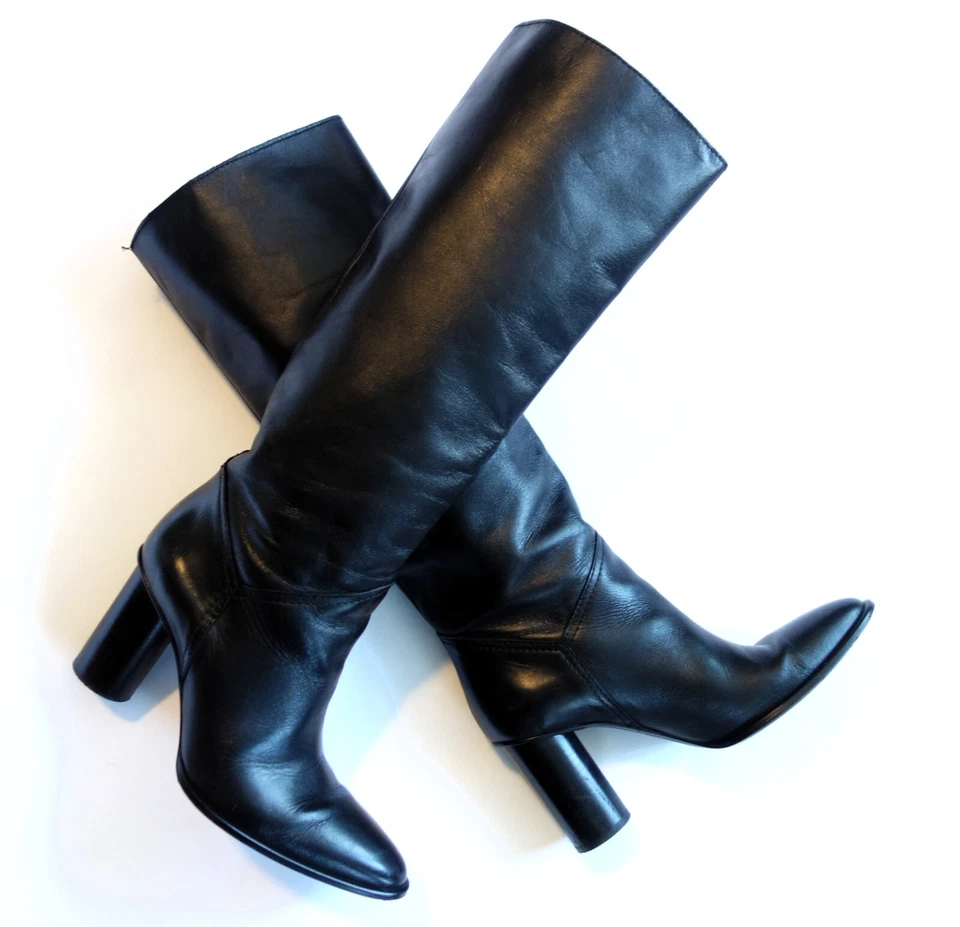 ZARA tall knee-hi black genuine leather round block heel BOOTS womens 8 39 - Image 4 of 4