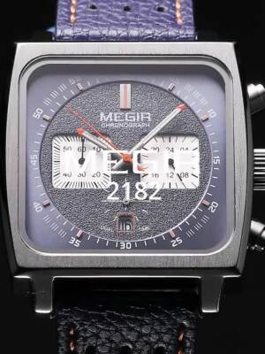 Square Dial Chronograph Men Quartz Watch Blue Leather Strap Sport