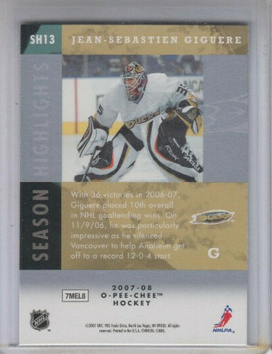 07/08 OPC Anaheim Ducks Jean-Sebastien Giguere Season Highlights card #SH13 - Picture 2 of 2