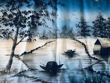 Dessin peinture sur tissu Asie Vietnam paysage jonque