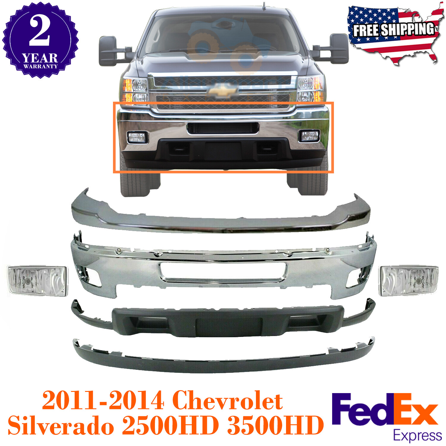 Front Chrome Bumper + Valance + Fog For 2011-2014 Chevy Silverado