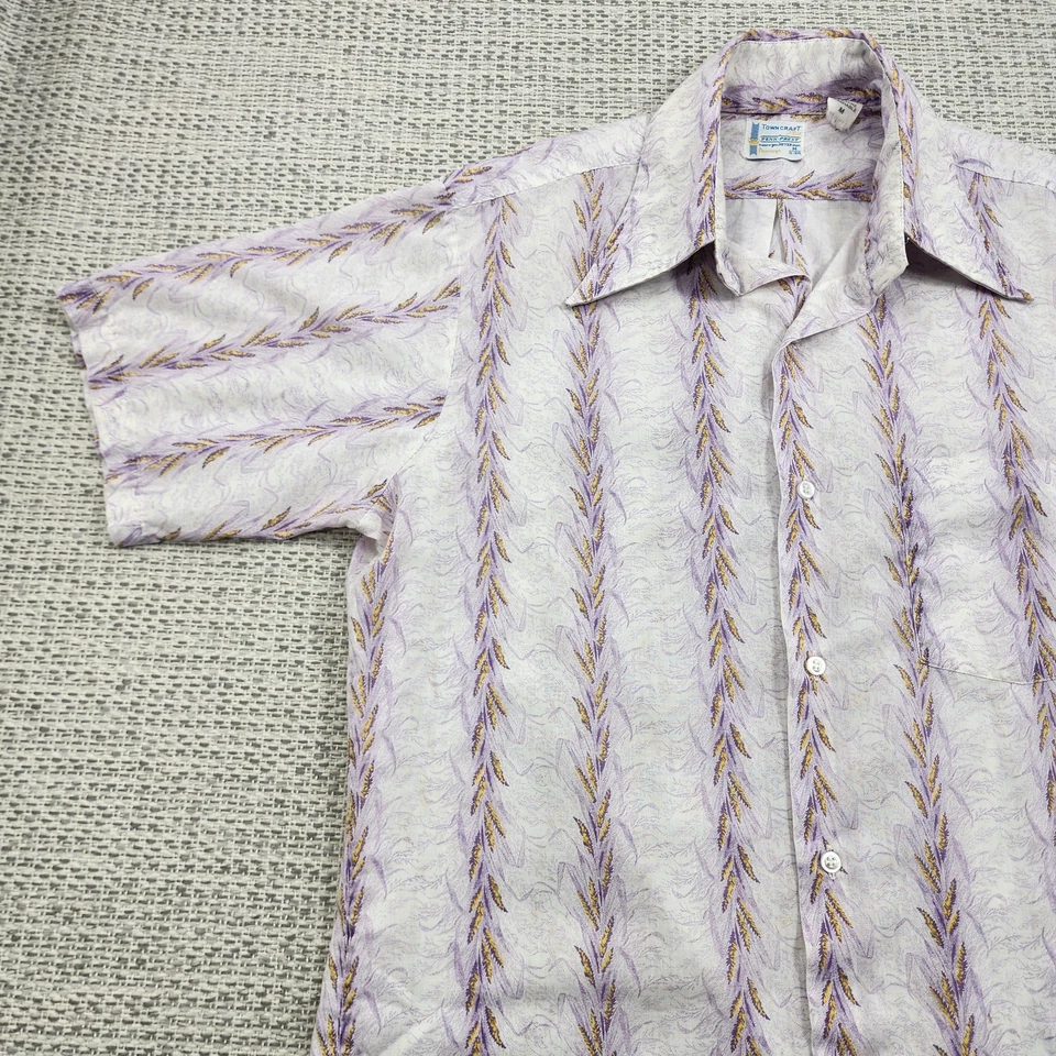 Vintage Towncraft Shirt Mens Medium Purple White Leaf Print Button Up 70s Rare Foto 3 de 4