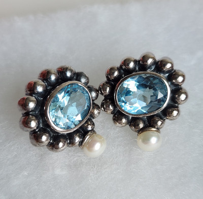 NF 925 Sterlingsilber Blautopas Perle Bali Stil Ohrstecker 9,5 g