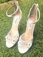 Nina Ivory Satin Open Toe High Heel Bridal Shoes with Floral Embellishments