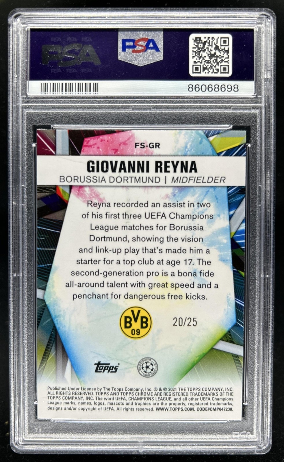 2020 Topps Chrome Sapphire UEFA Giovanni Reyna Future Stars Purple #/25 PSA 10 view 2