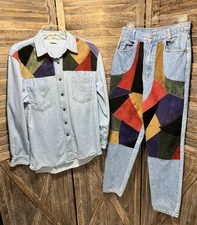 Vtg 80s Stefano International Denim Jeans Sz 10 & Shirt Sz Med w/Leather Patches
