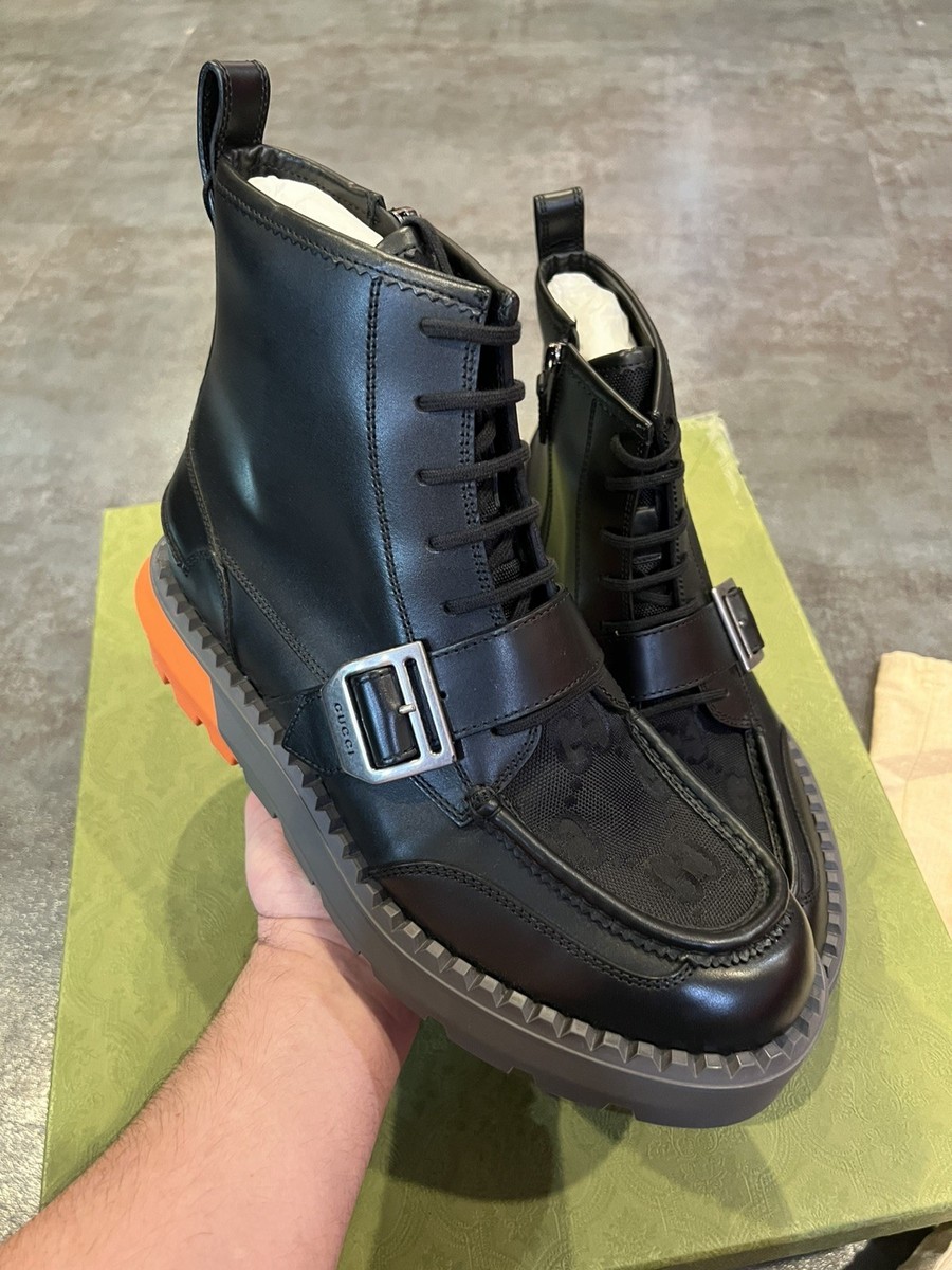 GUCCI BOOTS GG LOGO CANVAS BLACK LEATHER LACE UP ANKLE  display picture 3