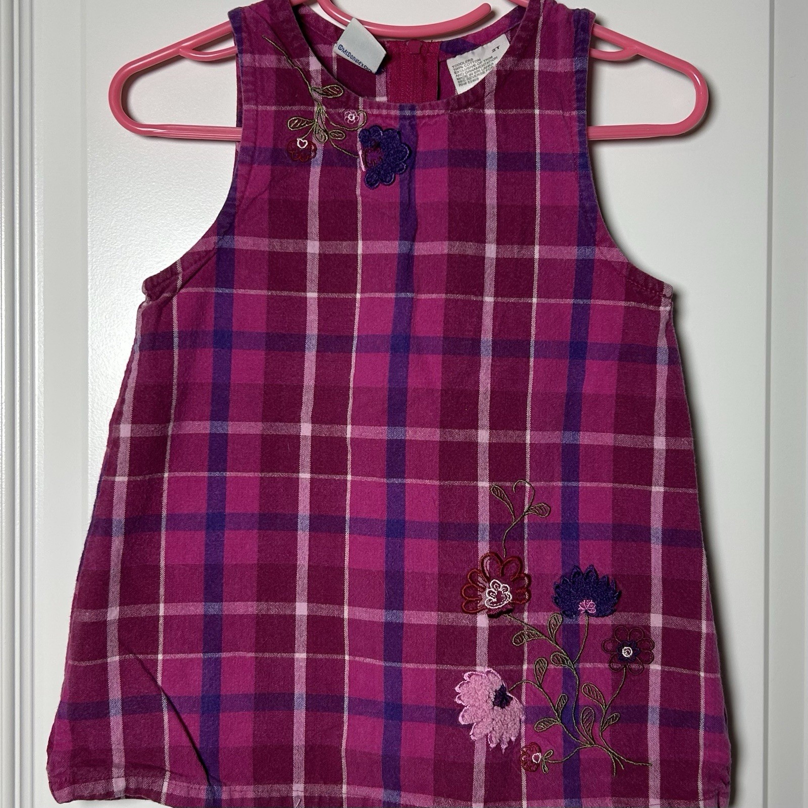 McKids McDonald's Vintage 90s 100% Cotton Magenta Plaid Floral Embroidery Dress