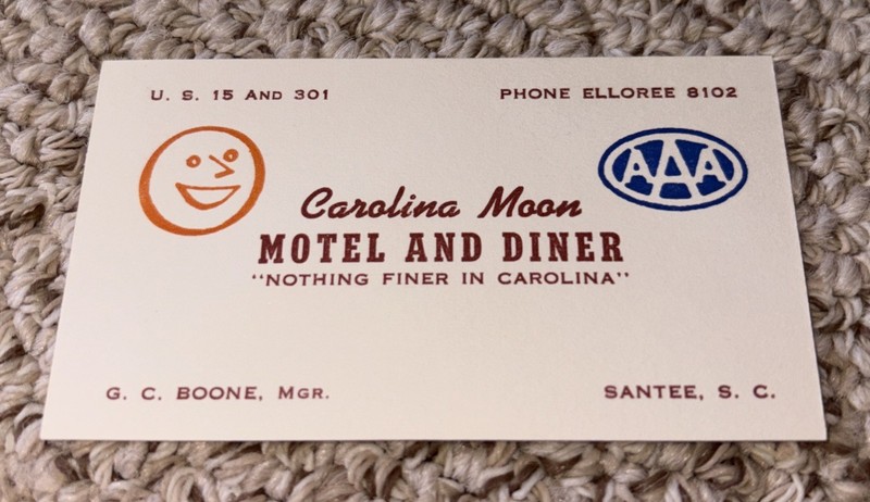 Business Card Ligonier Carolina Moon Motel and Diner Advertising