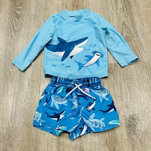Carters Just One You Kids Blue Shark Rash Guard and Swim Trunks Set 18M