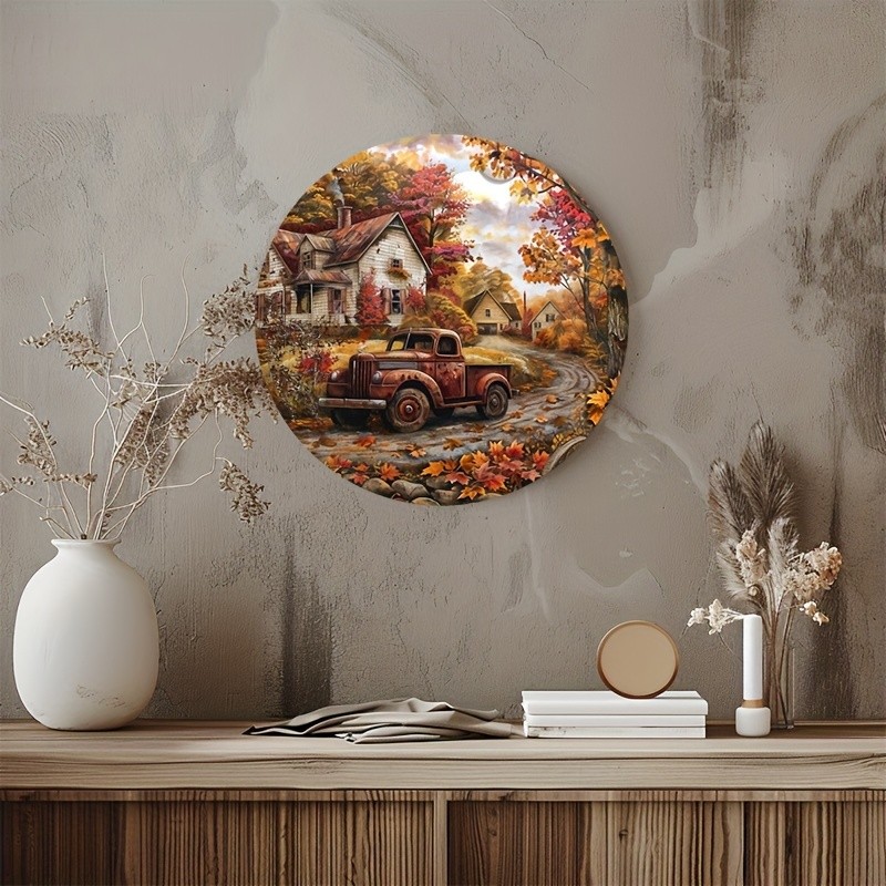 Vintage Farmhouse Autumn Truck Landscape Round Wall Decor