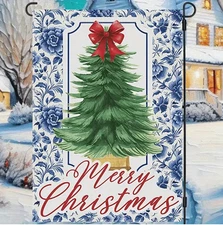Merry Christmas Chinoiserie Garden Flag, Double-Sided, 12x18in, Quality Burlap