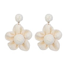 White Raffia Straw Braid Flower Earrings for Spring Leightweight Wrapped Dangle