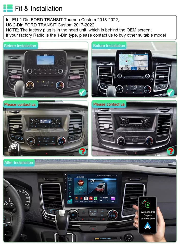 10" 2+32GB Android Carplay W/Cam Radio GPS FM For Ford Transit 250 350 2020-2024 Foto 4 de 4