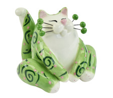 Amy Lacombe Whimsiclay Sitting Cat Figurine Green Spirals Hand Painted 2003