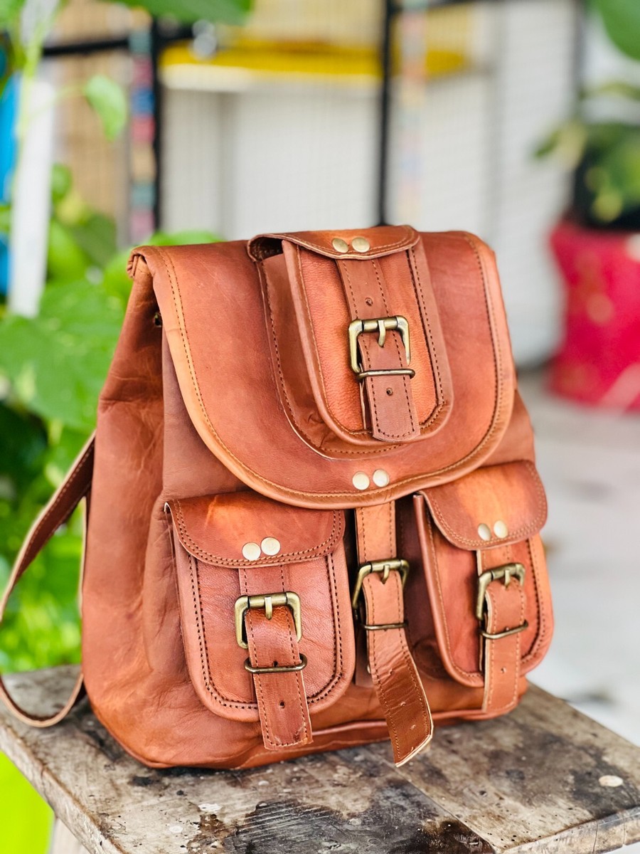 7X9 New Goat Leather Backpack Bag Leather Rucksack Vintage Me - Main Image