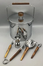 Vtg Atapco Chrome Wood Ice Bucket w/Bakelite Ice Tongs Opener Strainer & Jigger