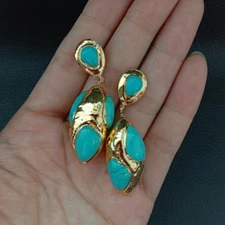 17x33MM Blue Turquoise Yellow Gold Plated stud Earrings