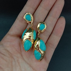 Authentic 17x33MM Blue Turquoise Yellow Gold Plated stud Earrings