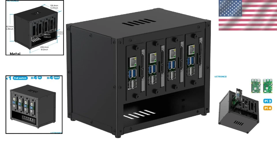 Aluminum Raspberry Pi 4 Cluster Enclosure with Fan Cooling - Home Lab Essential - Image 2 of 4