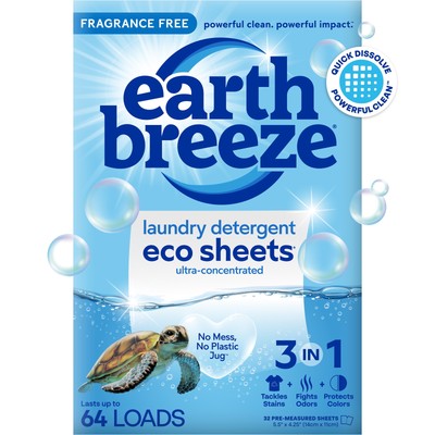 Earth Breeze Laundry Detergent Sheets, Fragrance-Free Eco Sheets 32 Ct, 64 Loads