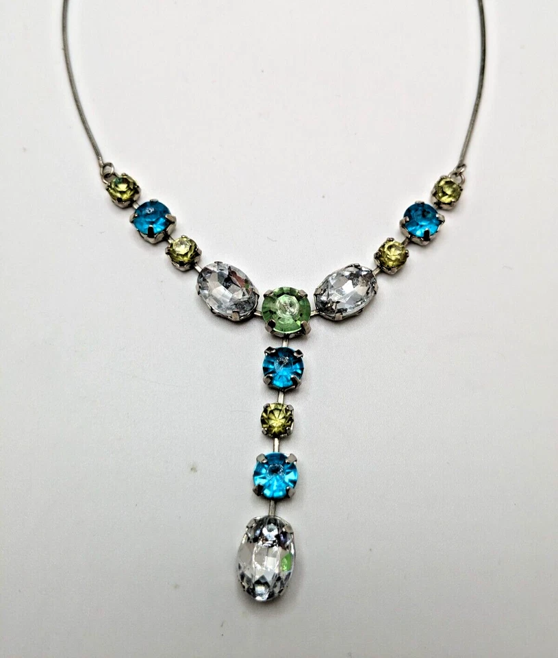 Collar Lariat Grande Amarillo Azul Cristal Transparente Estrás Tono Plata 19" Foto 4 de 4