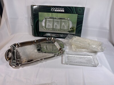VTG 1987 Oneida Chippendale Silverplated Relish Dish with Glass Liners 14   NOS