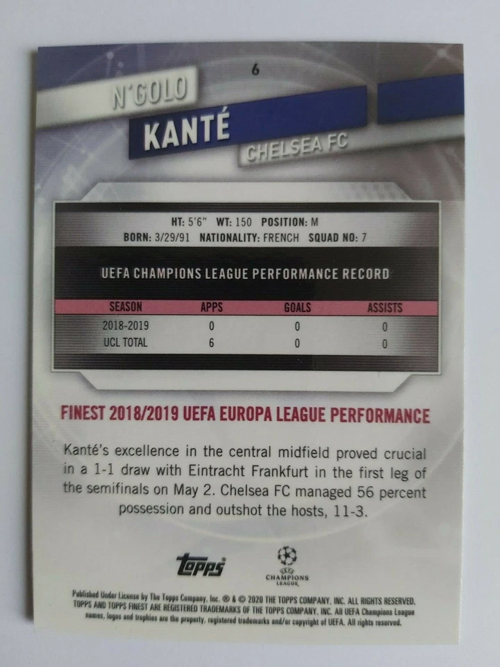 Topps Finest N'Golo Kanté 2019/2020 Card Number 6 - Image 2 of 3