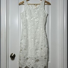 Japna White Floral Crochet Lace Overlay Scalloped Hem Lined Fitted Sheath Dress