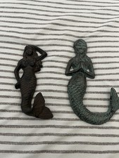 Whimsical Set of 2 Cast Iron Ocean Beach Mermaid Wall Hooks 5.5