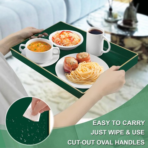 Dark Green Decorative Serving Tray with Handles 15.8x10.2x1.4 inch Plastic - Picture 3 of 7