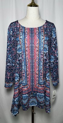 Ruby Rd Tunic Top Shirt Blouse 1X Women Stretch 3/4 Sleeves Blue Pink New