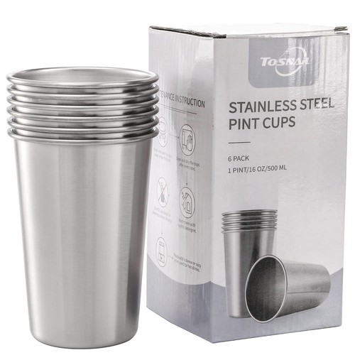 6 Pack 16 oz Stainless Steel Pint Cups Metal Cups Unbreakable Drinking Glasse...