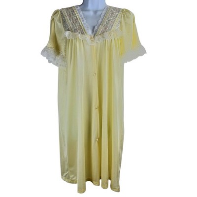 Vtg Miss Diva Nylon Nightgown Yellow Seiz Med USA Lace Embroidered button V Neck