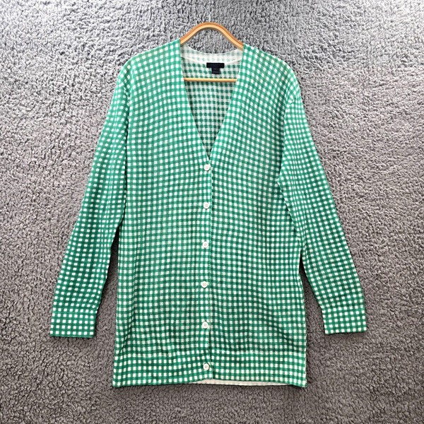 J Crew Womens Cardigan Size M Green White Check Knit Long Sleeve V-Neck