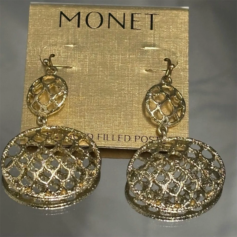 Pendientes Monet para mujer tono dorado colgante celosía níquel gancho libre declaración Foto 2 de 4