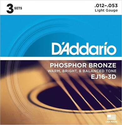 D'Addario EJ16-3D Phosphor Bronze Light Gauge Acoustic Guitar Strings - 3 Sets