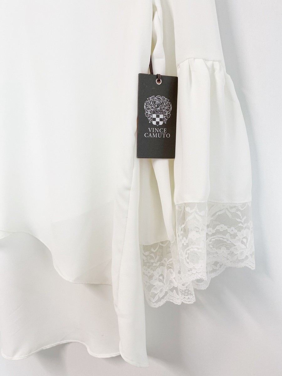 Vince Camuto Tiered Lace Ruffle Sleeve V-Neck Blouse White