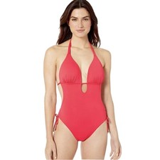 Bar III Swimsuit Size Large Coral Pink Plunge Neck Halter One Piece Womens NEW